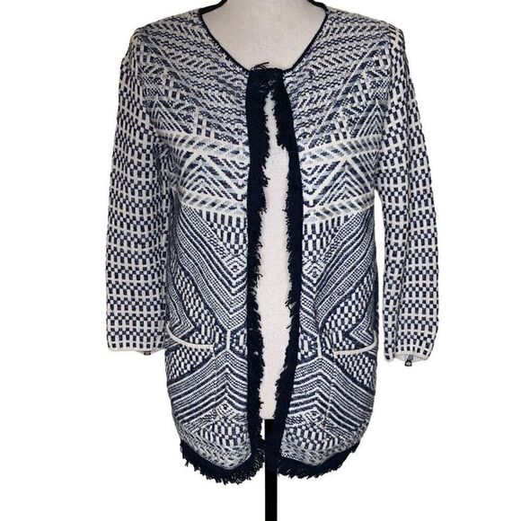 Lucky Brand Ivory and Blue Open Front Coastal Sweater with Fringe Size S - Picture 1 of 16
